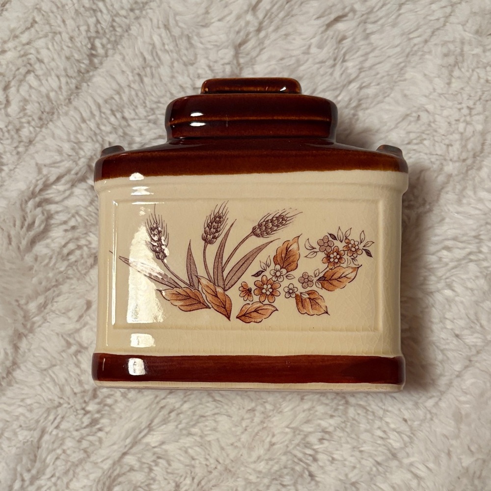 Vintage Ceramic Napkin Holder with Wheat & Floral Motif - Brown and Cream